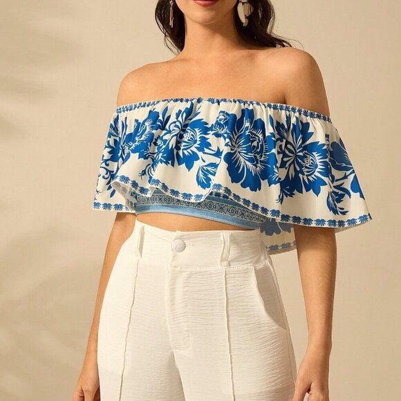 Multicolor Boho Women's Summer Flower Printed Flounce Off-Shoulder Crop Top - Picture 5 of 7